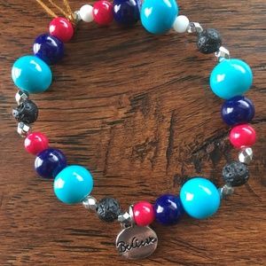 Handmade Essential Oil Bracelet Lava Beads Red, Blue and Silver Believe